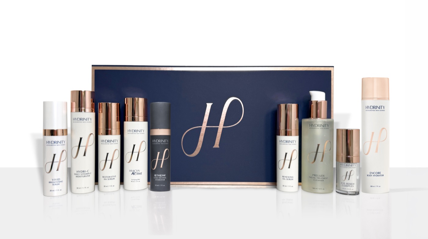 The Hydrinity skin care line in front of its box